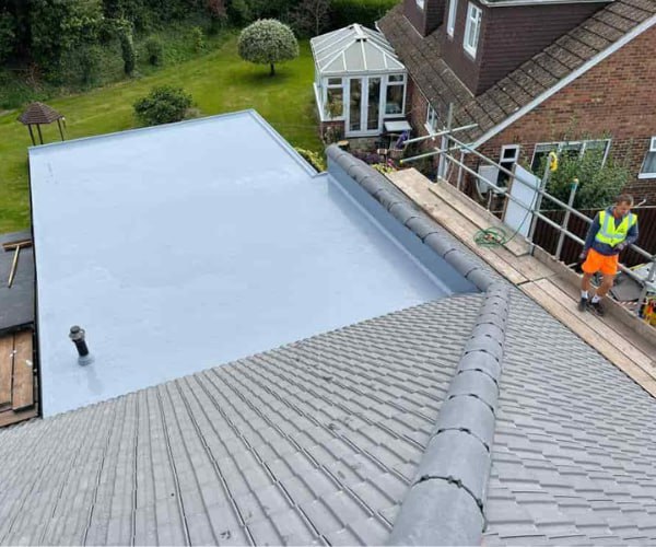 This is a photo of a newly installed hip roof, with a combined liquid covered flat roof. Work carried out by LKP Roofing Thorne